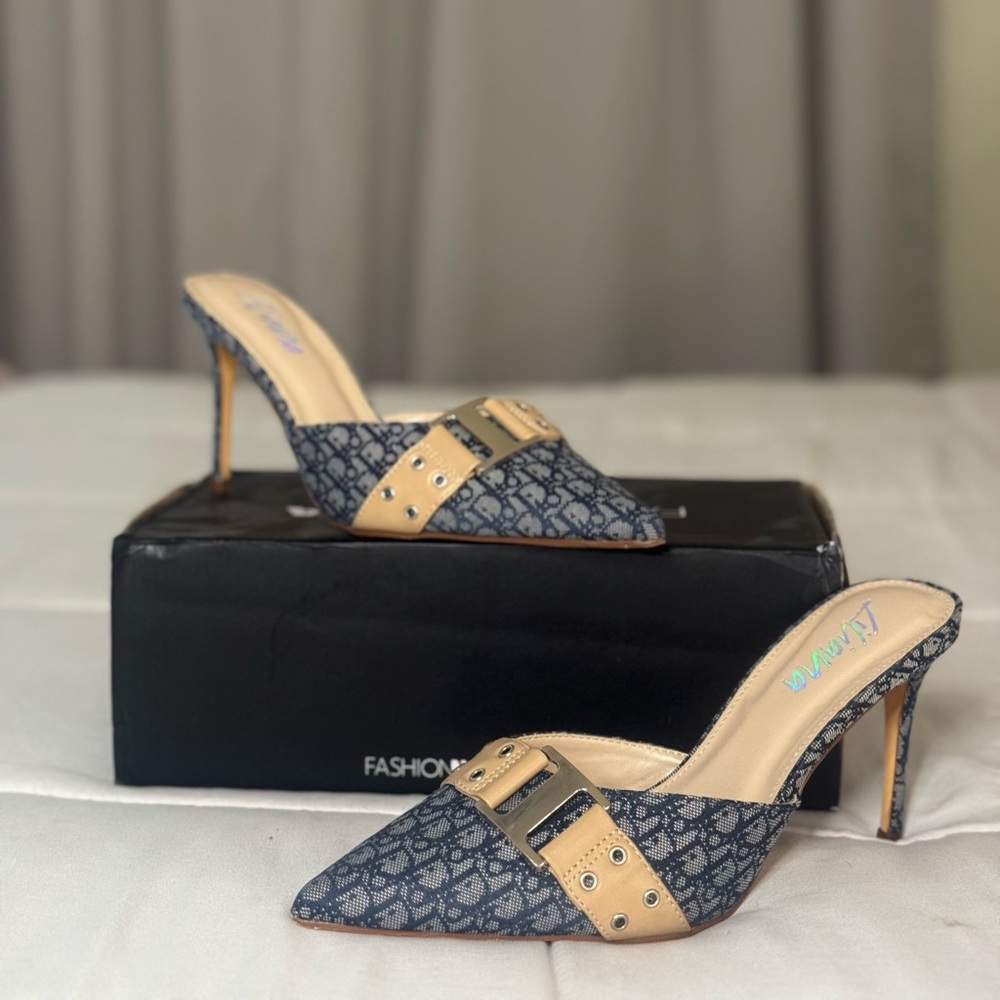 Blue & beige heels